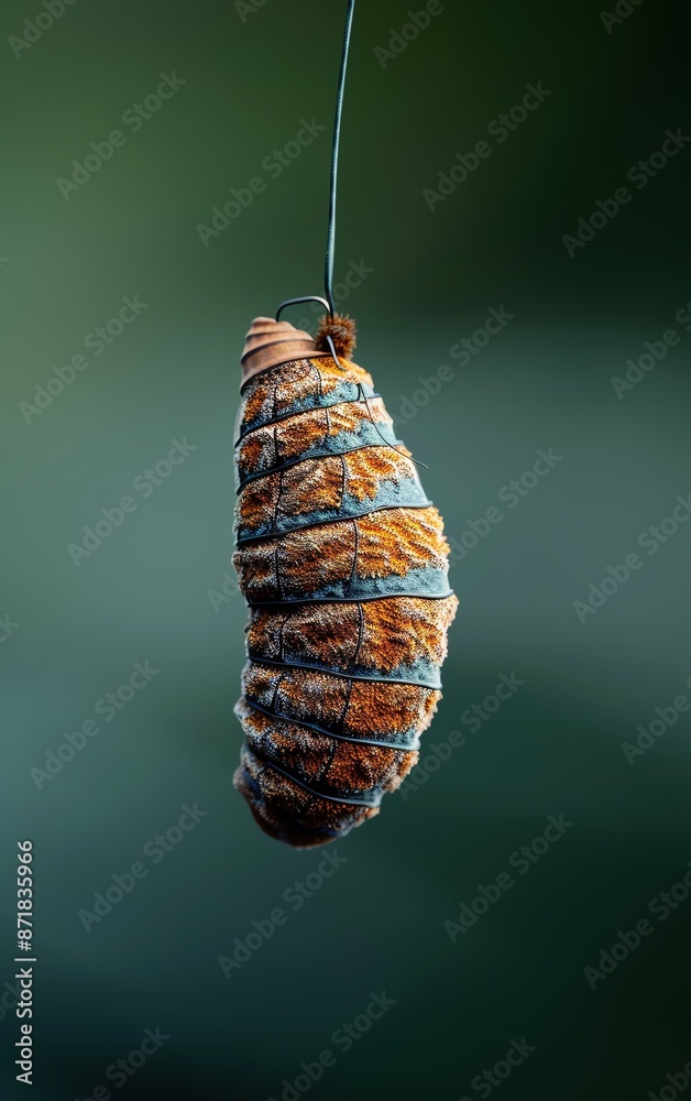 Close-up of a beautifully textured chrysalis hanging by a thread, illustrating transformation and nature's intricate designs. Close-up of a beautifully textured chrysalis hanging by a thread, illustrating transformation and nature's intricate designs.
