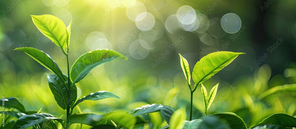 Blurry bokeh defocused background with a spotlight effect enhances the visual impact of the fresh tea leaves in the foreground of the copy space image. Blurry bokeh defocused background with a spotlight effect enhances the visual impact of the fresh tea leaves in the foreground of the copy space image.