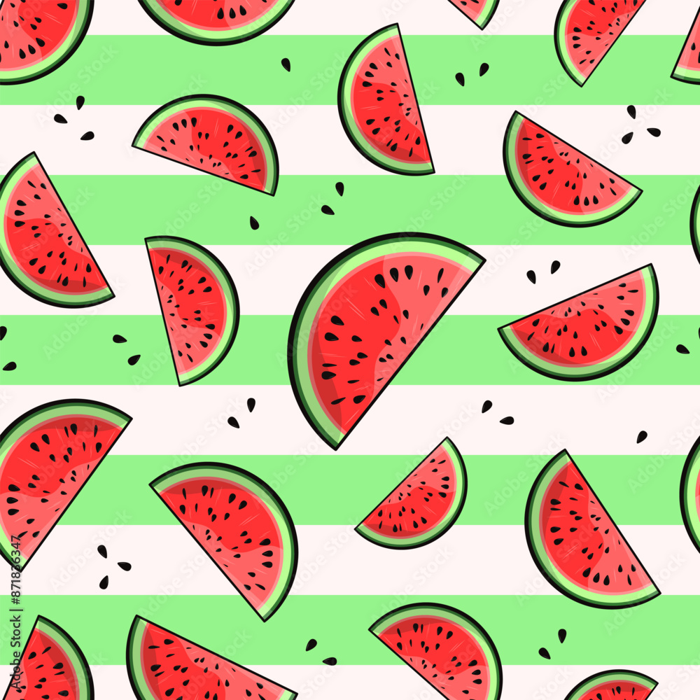 Watermelon vector seamless pattern. Cut slices and seeds on white and green striped background. Best for textile, wallpapers, wrapping paper, package and your design. Watermelon vector seamless pattern. Cut slices and seeds on white and green striped background. Best for textile, wallpapers, wrapping paper, package and your design.