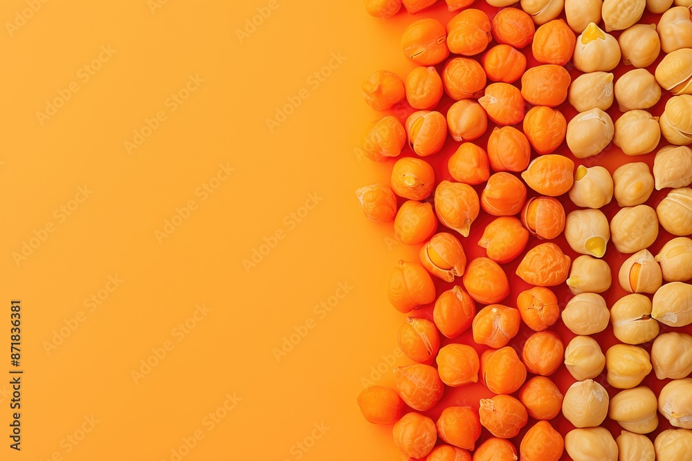 Fototapeta premium Chickpeas and lentils arranged on an orange background with ample negative space on the left. Food photography, culinary arts, vegetarian diet, health benefits, cooking ingredients concepts.