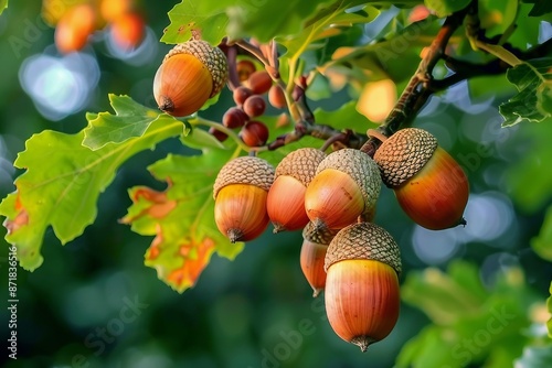 Acorns fruits on oak tree branch in forest. Closeup acorns oak nut tree on green background. Early autumn beginning acorns macro on branch leaves in nature oak forest. photo