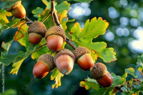 Acorns fruits on oak tree branch in forest. Closeup acorns oak nut tree on green background. Early autumn beginning acorns macro on branch leaves in nature oak forest.