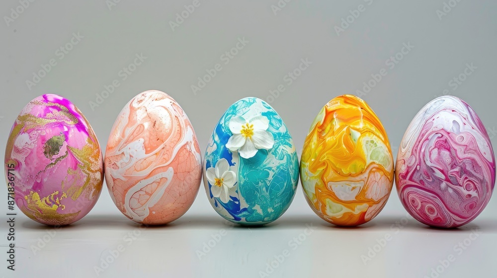 Fototapeta premium Eggs painted with marbled stone effect using natural dye with flower design on grey shiny backdrop