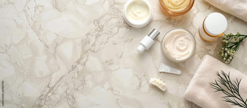 Top view of skincare cosmetics, cream products, and antibacterial hand soap for virus protection and hygiene, featuring copy space image. Top view of skincare cosmetics, cream products, and antibacterial hand soap for virus protection and hygiene, featuring copy space image.