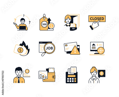 Difficulties with finances and work - line design style icons set with editable stroke. Rising prices, crisis, dismissal, bankruptcy, disappointing forecast and statistics, frozen bank account idea