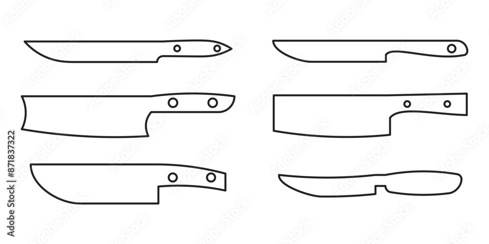 set of kitchen knife thin line icon set, Stainless cleaver, carving and chopping, chefs, filleting, boning and paring knives with black outline handles, Kitchen Knifes Various Collection Set. set of kitchen knife thin line icon set, Stainless cleaver, carving and chopping, chefs, filleting, boning and paring knives with black outline handles, Kitchen Knifes Various Collection Set.