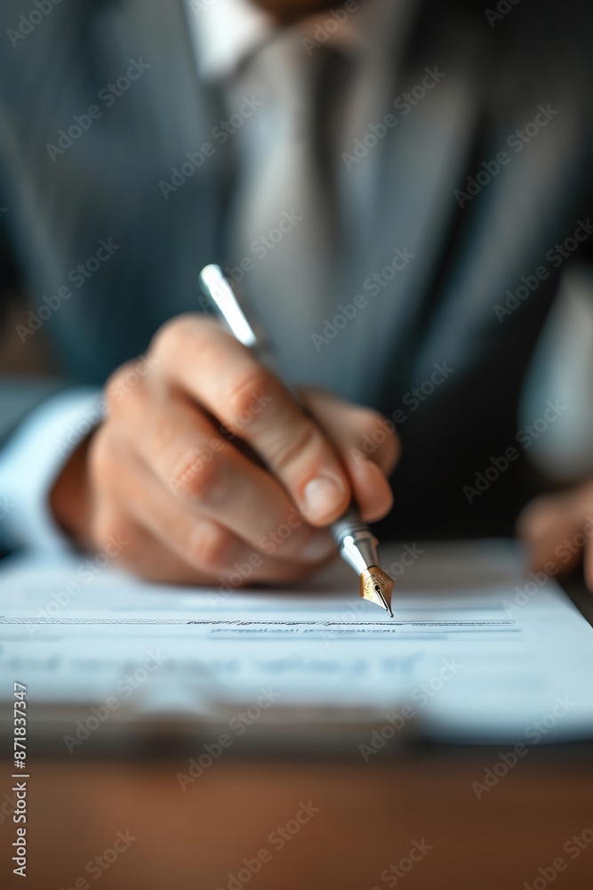 Businessperson signing a document with a fountain pen, close-up shot of hand in a professional setting. Businessperson signing a document with a fountain pen, close-up shot of hand in a professional setting.