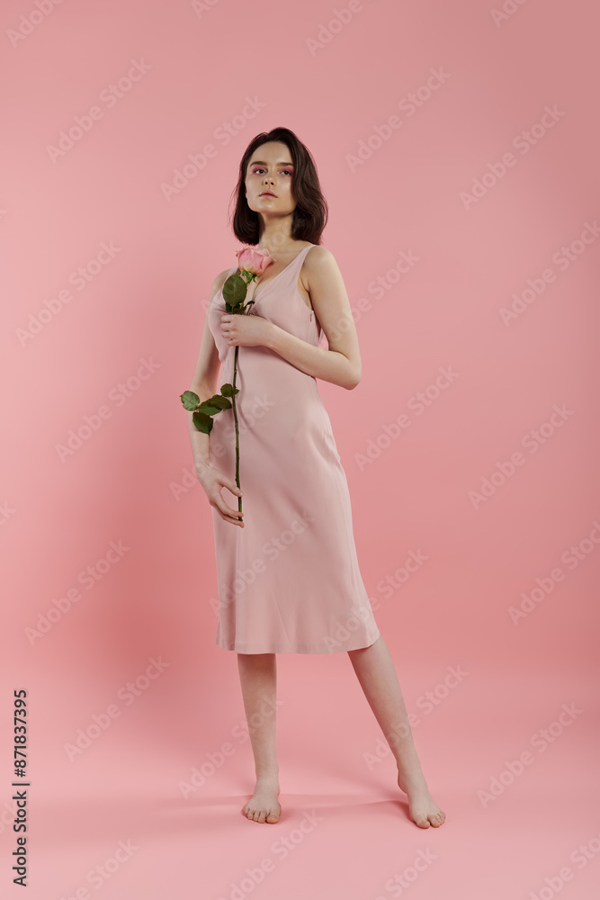 A woman in a pink dress holds a rose in front of a pink background. A woman in a pink dress holds a rose in front of a pink background.