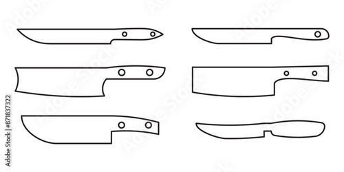 set of kitchen knife thin line icon set, Stainless cleaver, carving and chopping, chefs, filleting, boning and paring knives with black outline handles, Kitchen Knifes Various Collection Set.