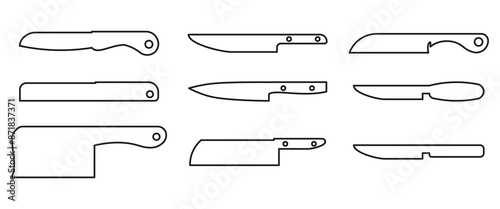 set of kitchen knife thin line icon set, Stainless cleaver, carving and chopping, chefs, filleting, boning and paring knives with black outline handles, Kitchen Knifes Various Collection Set.