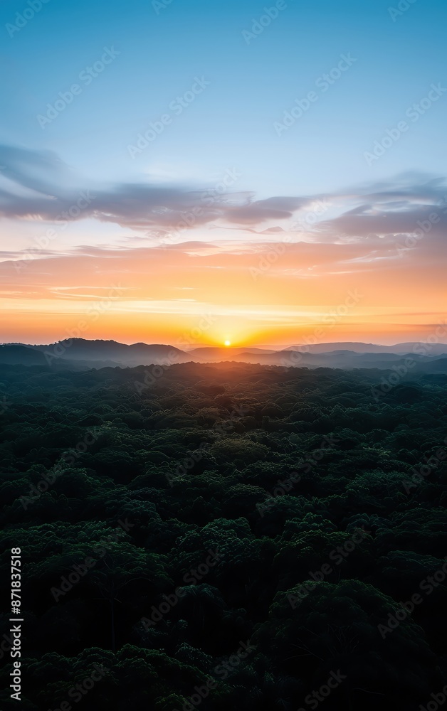 Obraz premium Stunning aerial view of a sunrise over dense forest. Perfect for nature, travel, and landscape photography enthusiasts.