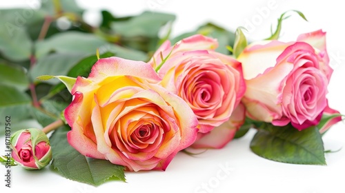 Front view of pink and yellow roses with green leaves on a white background for nature themed decor with copy space