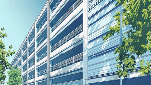 detailed illustration of a multi-story parking garage, its exterior clad in a patterned aluminum siding to improve ventilation and aesthetics
