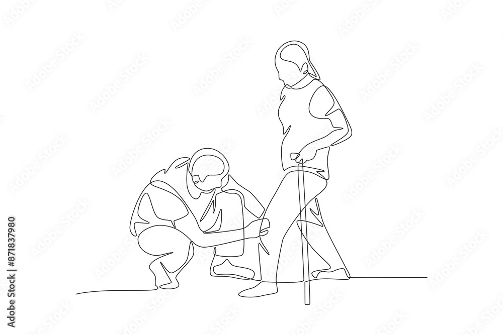 Doctor examining a wound on a patient's leg. Care jobs concept one-line drawing Doctor examining a wound on a patient's leg. Care jobs concept one-line drawing