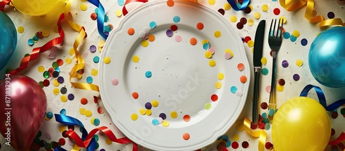 Vibrant carnival-themed place setting featuring yellow accents, streamers, balloons, and confetti around an empty plate with utensils on top, captured in a top-down copy space image. photo