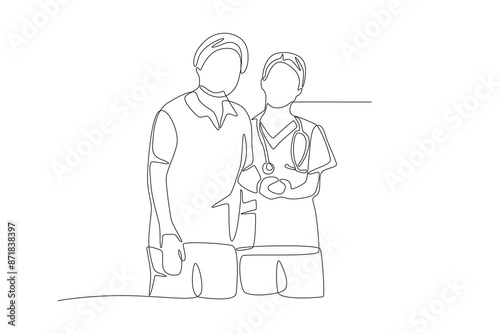 Nurse and her patient. Care jobs concept one-line drawing