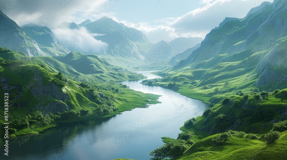 Calm rivers winding through verdant valleys Calm rivers winding through verdant valleys