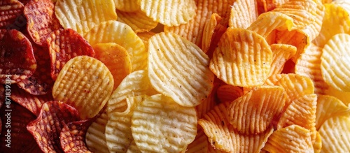 A variety of potato chips fill the copy space image. photo