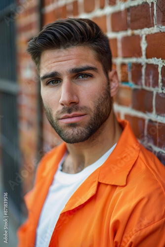 Prison portrait of Young Man in Orange Jumpsuit Closeup