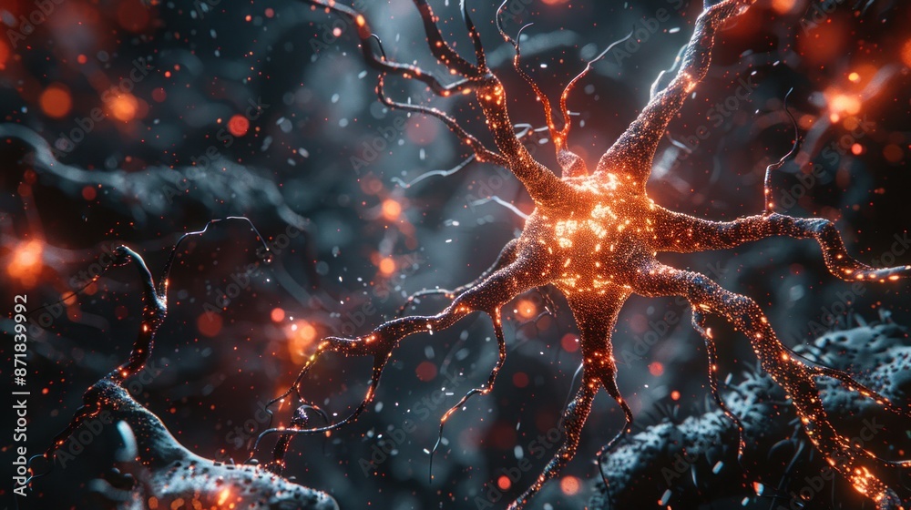 A high-resolution 3D illustration of a neuron, showcasing its detailed structure and the biomedicine concept. The nerve cell's intricate network of dendrites and synapses is depicted with precision, A high-resolution 3D illustration of a neuron, showcasing its detailed structure and the biomedicine concept. The nerve cell's intricate network of dendrites and synapses is depicted with precision,