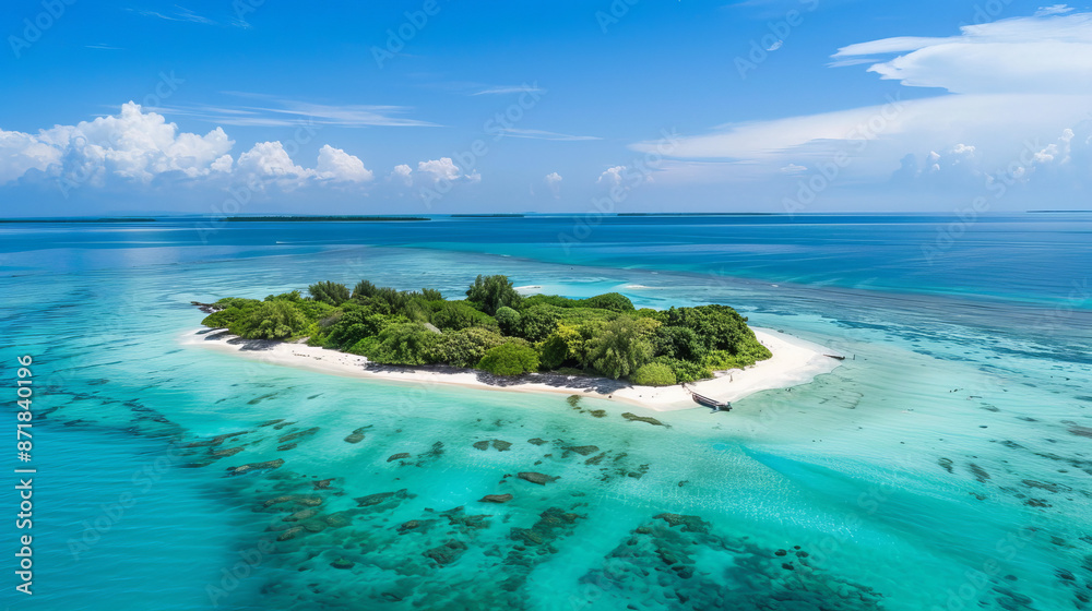 Obraz premium A small tropical island in the Indian Ocean with a beautiful blue lagoon is a popular honeymoon destination.