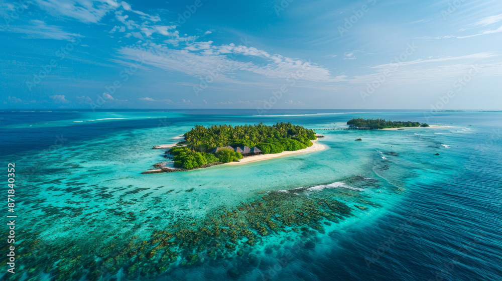 Obraz premium A small tropical island in the Indian Ocean with a beautiful blue lagoon is a popular honeymoon destination.