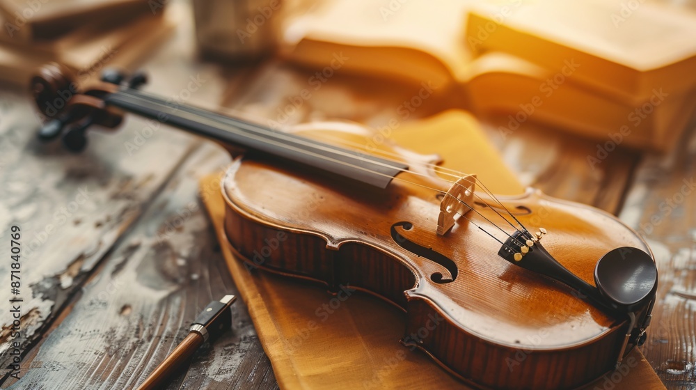 Fototapeta premium violin and old music books on wooden table, vintage toned photo.