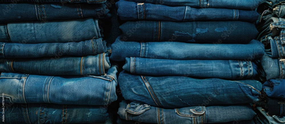 Denim jeans stacked neatly in a display with copy space image. Denim jeans stacked neatly in a display with copy space image.