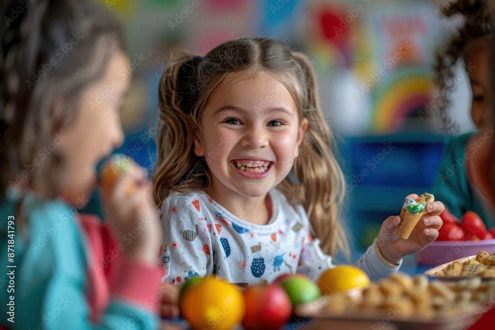 A young girl smiles happily while enjoying a snack with her friends at a table.