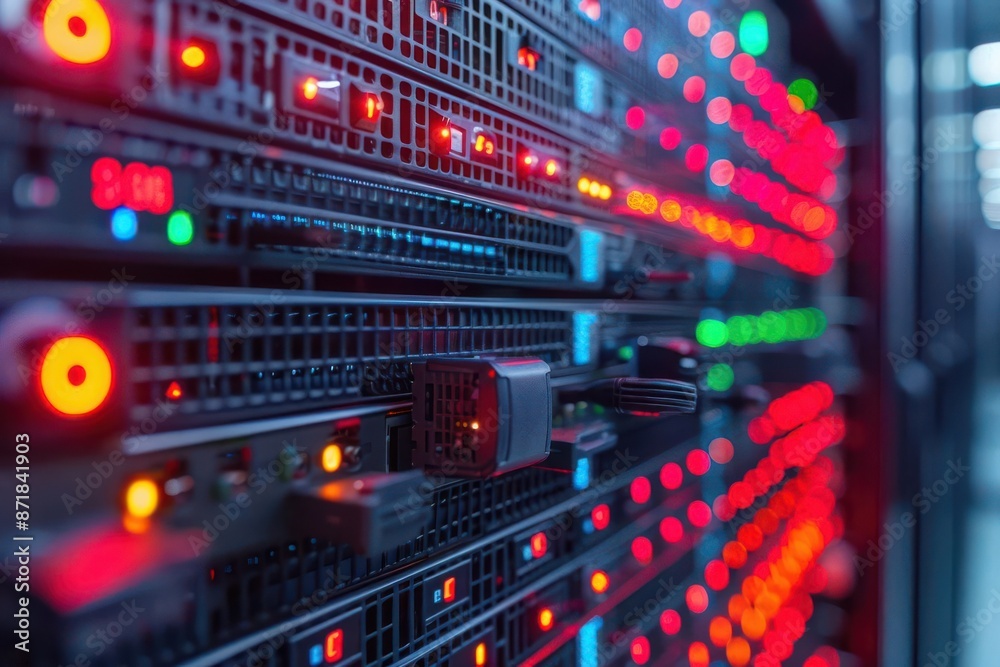 Close-up of server rack with flashing lights, showcasing data center technology. Close-up of server rack with flashing lights, showcasing data center technology.
