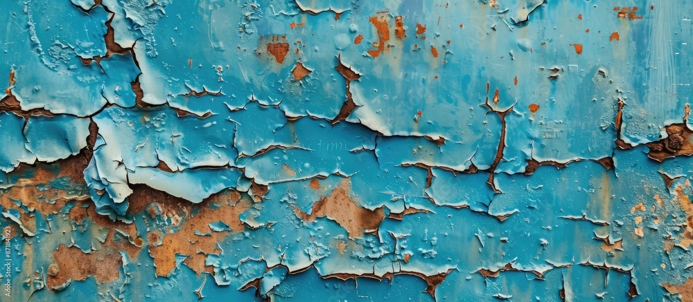 Obraz premium Abstract background featuring the texture of an old rusty metal sheet with peeling blue paint, providing copy space image.