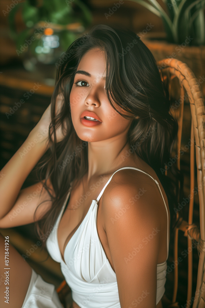 Fototapeta premium A woman with long hair is sitting on a chair