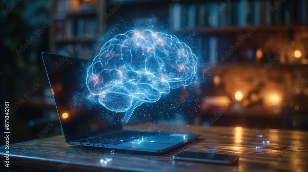 Digital brain hologram emerging from laptop in cozy library background with smartphones. Artificial intelligence, machine learning, neural networks, innovative technology, digital transformation. Digital brain hologram emerging from laptop in cozy library background with smartphones. Artificial intelligence, machine learning, neural networks, innovative technology, digital transformation.