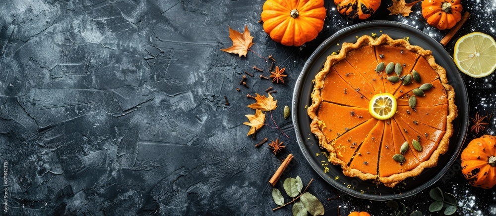Delicious and healthy pumpkin pie with lemon zest, seeds, cinnamon, and fragrant spices on a dark background, with copy space image. Delicious and healthy pumpkin pie with lemon zest, seeds, cinnamon, and fragrant spices on a dark background, with copy space image.