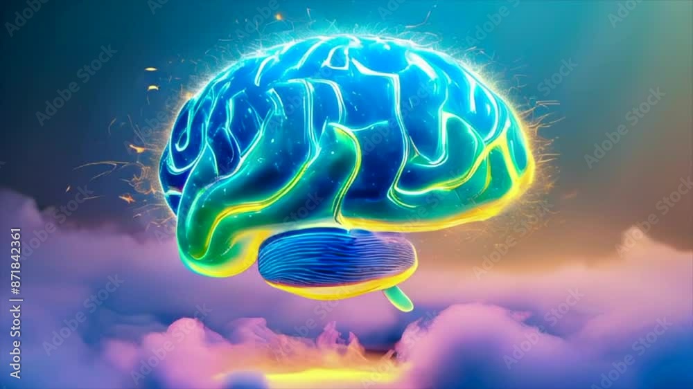 Lit-up brain with neural connections in the background of clouds, symbolizing artificial intelligence and cognitive processes. Holographic human brain with colorful particles. Generative AI. Lit-up brain with neural connections in the background of clouds, symbolizing artificial intelligence and cognitive processes. Holographic human brain with colorful particles. Generative AI.