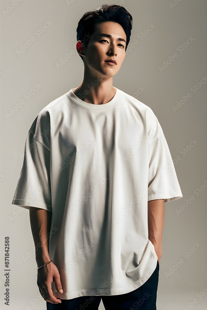 High-End Fashion Portrait of a Stylish Young Korean Man in a White Oversized T-Shirt High-End Fashion Portrait of a Stylish Young Korean Man in a White Oversized T-Shirt