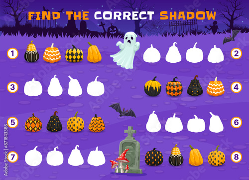 Find the correct shadow of Halloween patterned pumpkins on cemetery and spooky ghost. Cartoon kids vector game worksheet for children logic activity, educational riddle for logical mind development