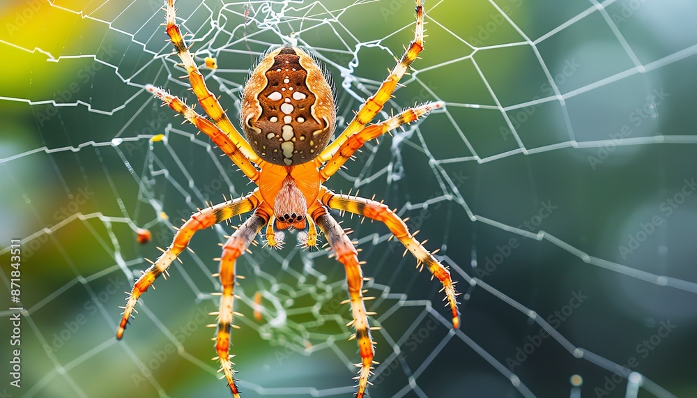 Detailed macro capture of a spider positioned in the center of its intricate web Detailed macro capture of a spider positioned in the center of its intricate web
