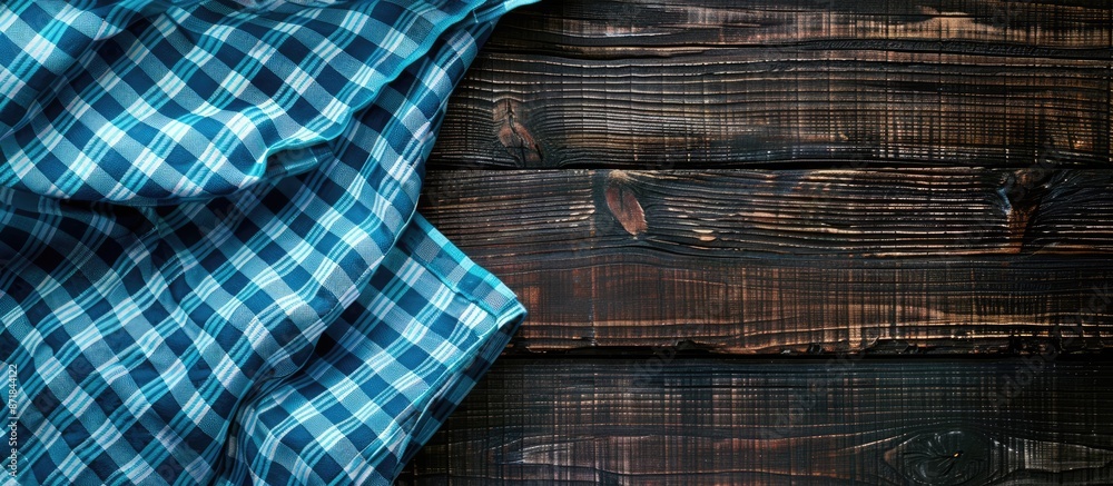 Black wooden table with a blue checkered tablecloth, offering ample copy space image from a top view. Black wooden table with a blue checkered tablecloth, offering ample copy space image from a top view.