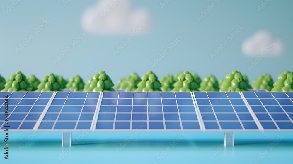 Fototapeta premium Close-up of solar panels with trees and sky in the background, representing clean energy and environmental sustainability.