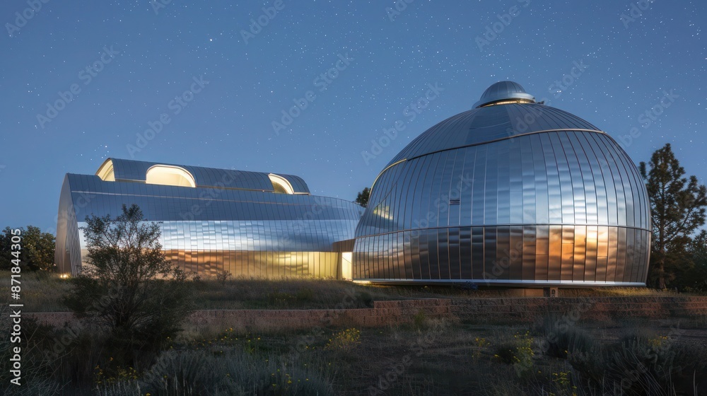 dramatic view of a modern observatory, its domed structure clad in highly reflective aluminum siding to mimic the night sky dramatic view of a modern observatory, its domed structure clad in highly reflective aluminum siding to mimic the night sky