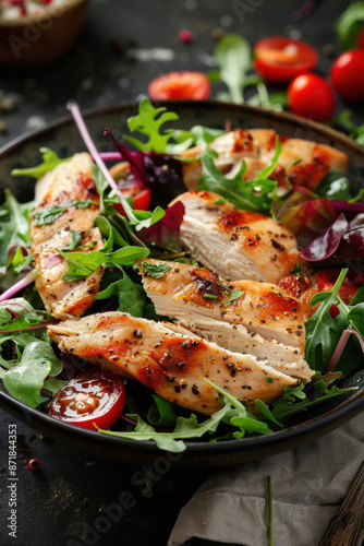 Fresh chicken salad with tomatoes and mixed greens