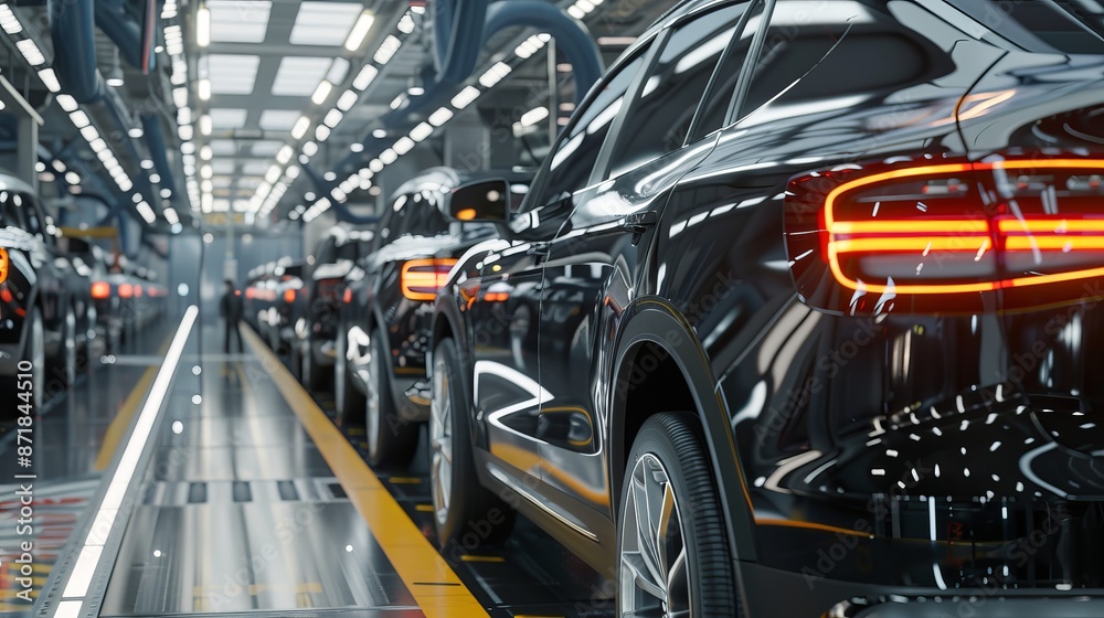Efficient mass production assembly line of contemporary vehicles in bustling factory setting Efficient mass production assembly line of contemporary vehicles in bustling factory setting