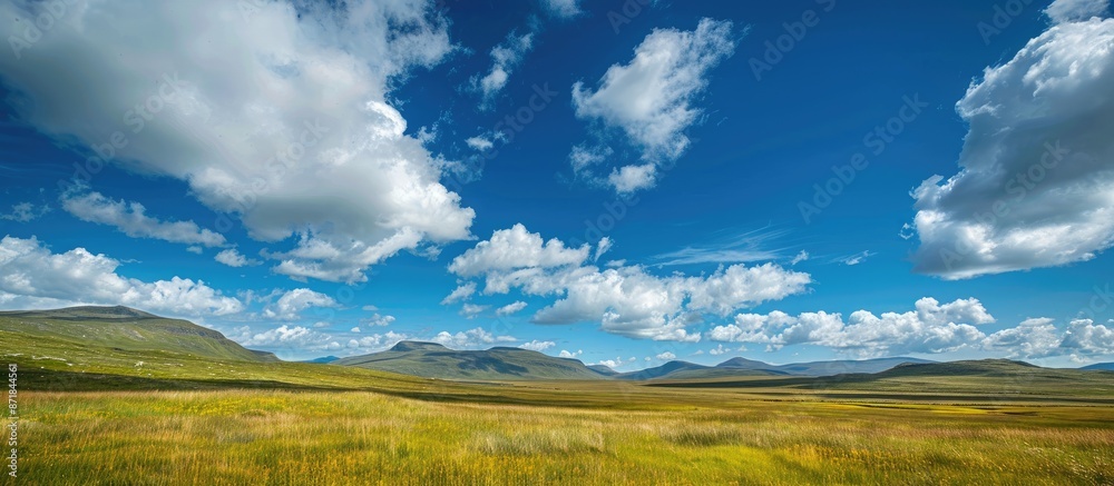 Fototapeta premium Beautiful landscape with fluffy white clouds in a blue sky, perfect for a copy space image.