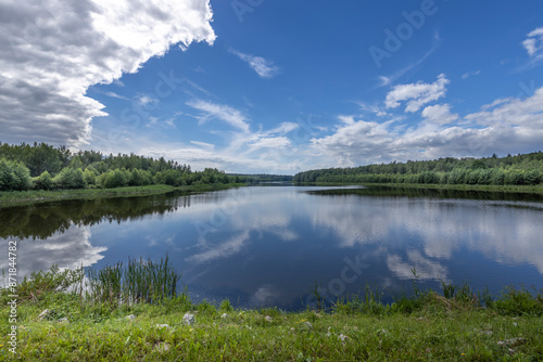 A calm lake with a blue sky in the background