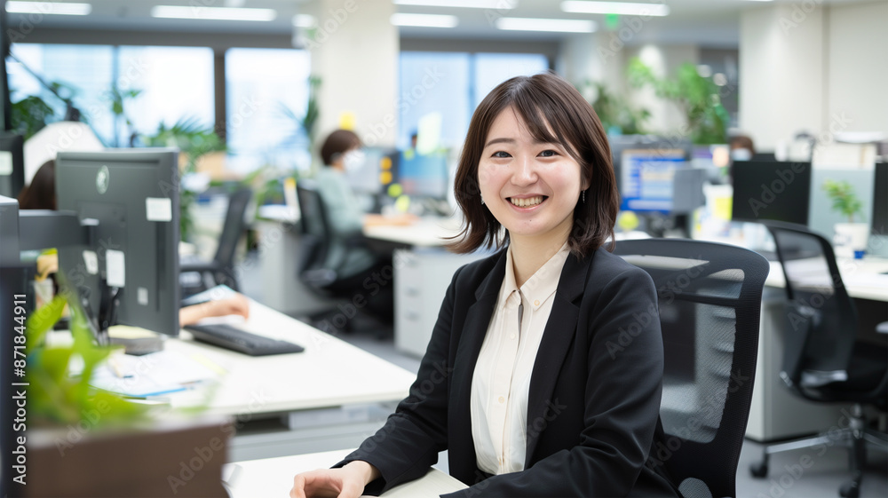 笑顔で話すコールセンターの日本人女性 笑顔で話すコールセンターの日本人女性