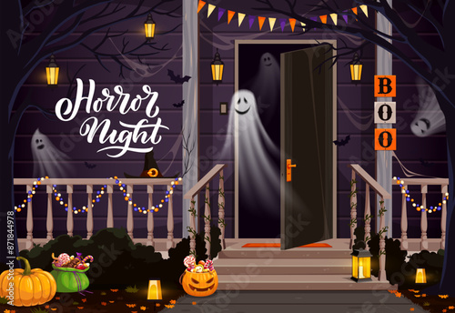 Halloween holiday ghosts on decorated door porch with trick or treat candy sweets and pumpkins,, cartoon vector. Halloween horror night boo ghosts from house door with spooky bats and spiderweb