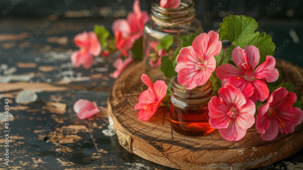 Essential oil of geranium with fresh flowers on aged board Essential oil of geranium with fresh flowers on aged board