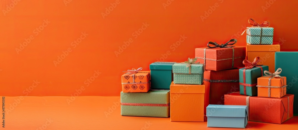 Colorful festive boxes arranged in a stack on a vibrant orange backdrop with ample copy space image. Colorful festive boxes arranged in a stack on a vibrant orange backdrop with ample copy space image.