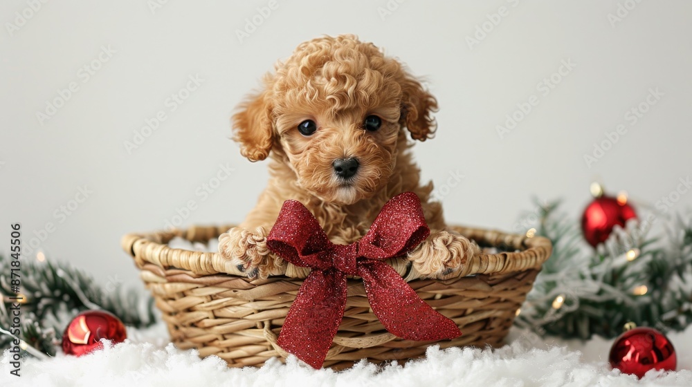 Poodle puppy with a Christmas bow in a basket on a white backdrop Poodle puppy with a Christmas bow in a basket on a white backdrop